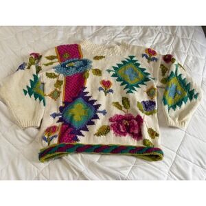 Vintage Jennifer Reed Hand Knitted Floral Geometric Ramie Cotton Sweater M